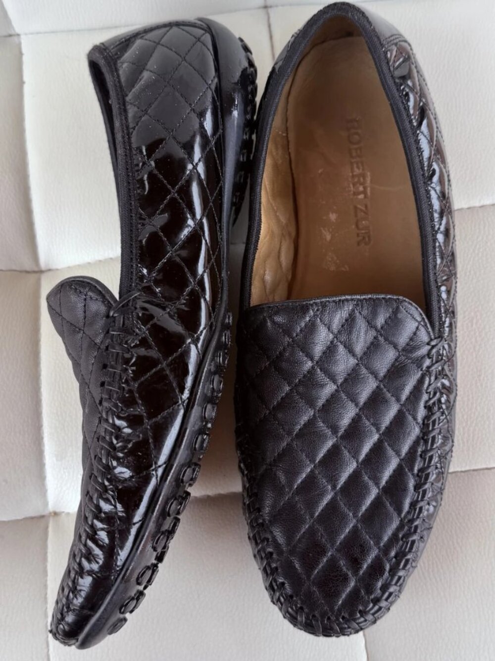 Robert Zur Women's Quilted Leather Patent Driving Loafers Moccasins Black 10.5 M